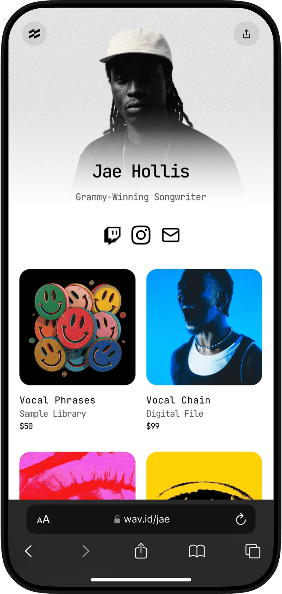 A phone displaying an example SoundPage storefront